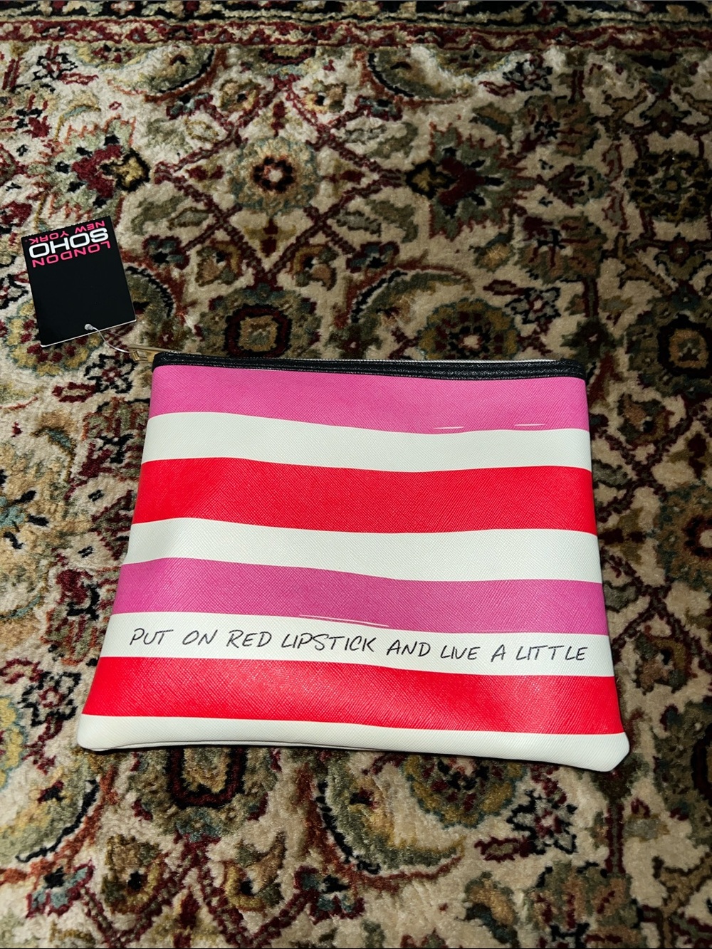 Soho Pink & Red Striped Zip Pouch “Put on Red Lipstick and Live Alittle”